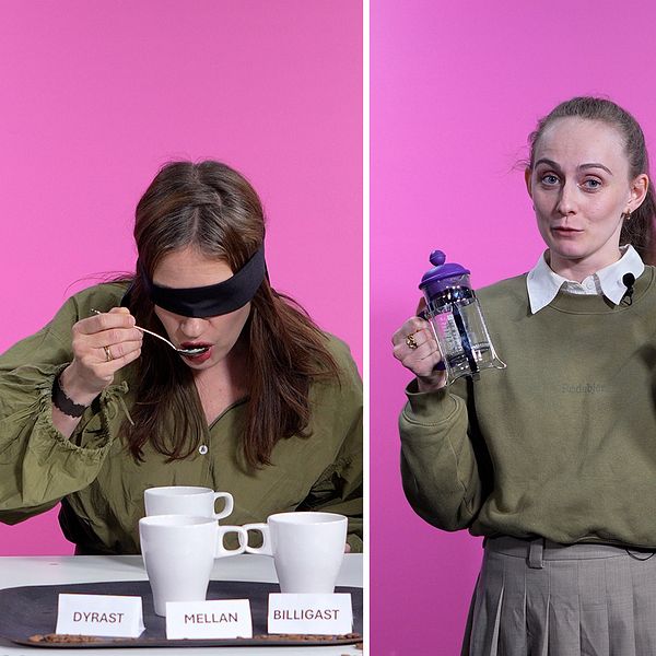Kaffepanelen. En person har ögonbindel och smakar på kaffet med en sked. Den andra personen håller upp en liten kaffepress och pappersmugg. Den tredje personer har ögonbindel och dricker upp en vit kopp.