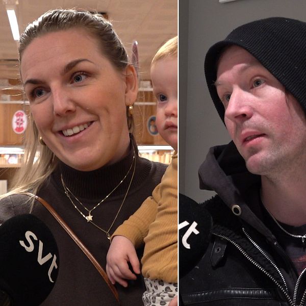 Delad bild i tre sektioner visar personer som håller mikrofoner märkta med ”SVT”. Personerna är klädda i vinterkläder och står inomhus; omgivningen antyder att de är i en allmän plats som en affär eller köpcentrum.