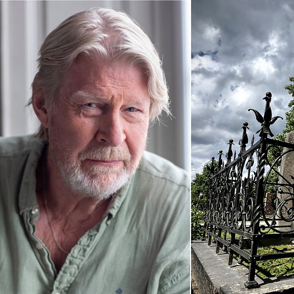 Skådespelaren Rolf Lassgård syns i bildens ena del, med vitt hår och grön skjorta. I den andra delen syns en kvinna i svarta byxor och jeansjacka på en kyrkogård med en gravplats intill, med svart järnräcke runt.