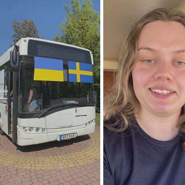 Till vänster ser du en stadsbuss som ska åka till Ukraina – I mitten ser du Anna Häggblom – Till höger är en bild på då de packar upp saker som ska till Ukraina.
