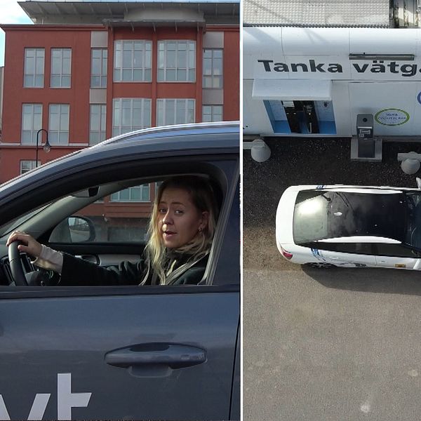 en kvinna i en bil, en bil vid en vätgasmack uppifrån, en man i mössa och svart jacka