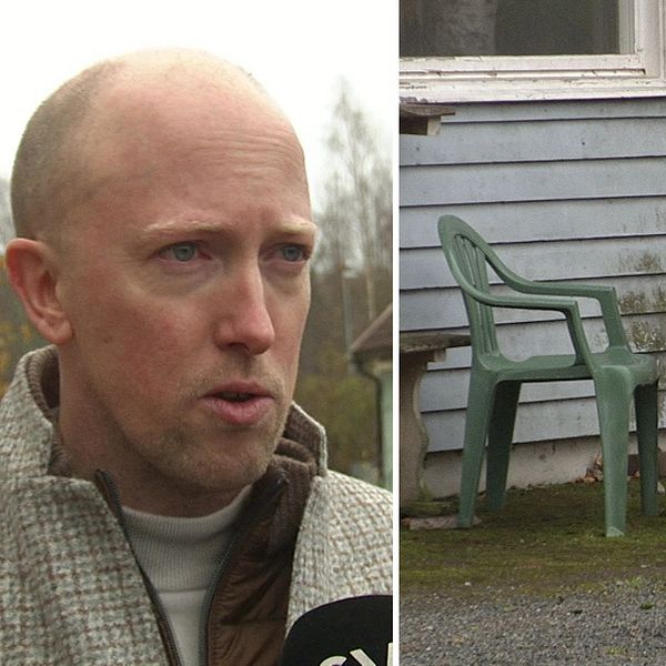 Hannes Fellsman, kommundirektör i Filipstad, i tvådelad bild med hus som ska rivas. Det står en platsstol och ett bord framför sliten fasad.