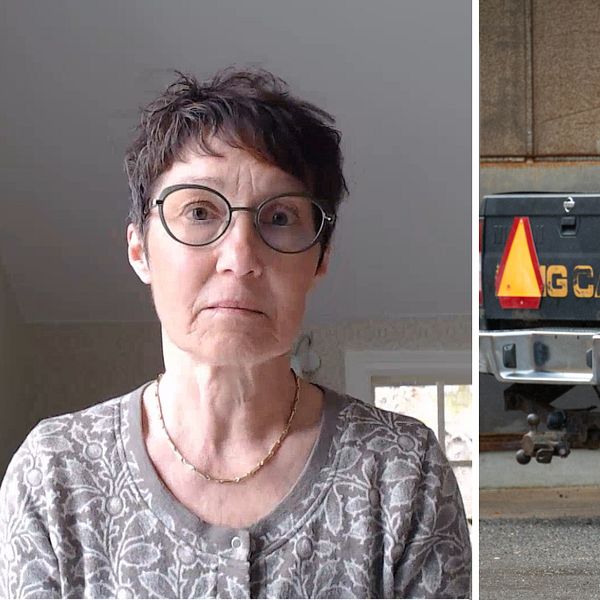 Tvådelad bild. Vänster: Person  Höger: Bakdel av en pickup vid en mur.