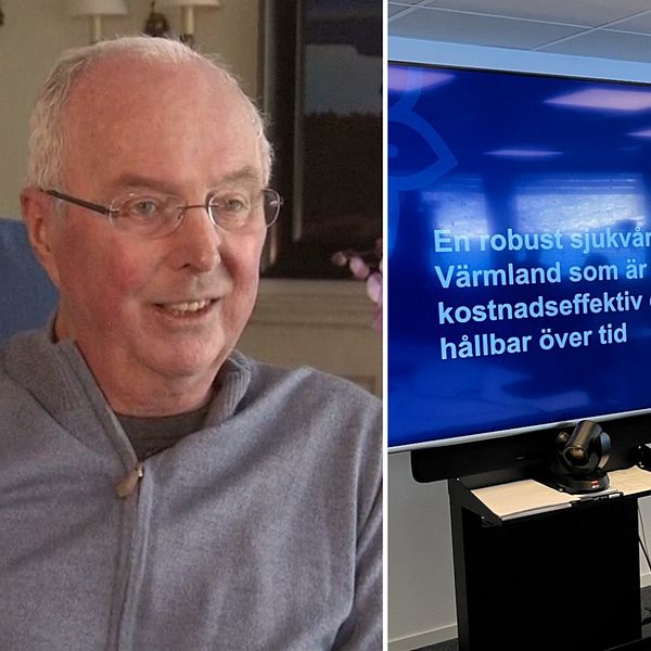 Tre bilder, Sven-Göran Eriksson, en tv-skärm som visar text från Region Värmlands presskonferens och Ann-Christine Johansson, ordförande för Karlstad airport.