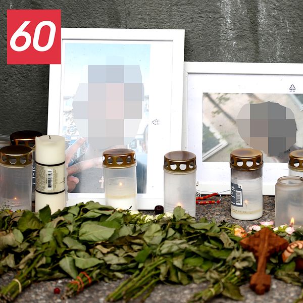 Bilder på pojken som sköts i Bagarmossen, blommor och ljus.