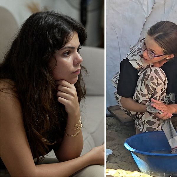 Tre sektioner av en delad bild som visar olika scener. Den första sektionen visar en person som sitter på ett avstånd med huvudet lutat mot handen. Den andra sektionen visar en person som knäböjer över en blå bunke och tvättar kläder. Den tredje sektionen visar en person som står upp, vänd mot kameran med en ljus bakgrund.