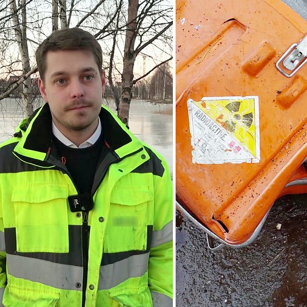 En delad bild med två sektioner. Den vänstra sektionen visar en person klädd i en neonfärgad jacka med reflexer, stående vid vatten och plats med träd i bakgrunden. Den högra sektionen visar en orange bagageväska och en sorts skyffel med varningsetiketter för radioaktivt material, liggande på en blöt väg.