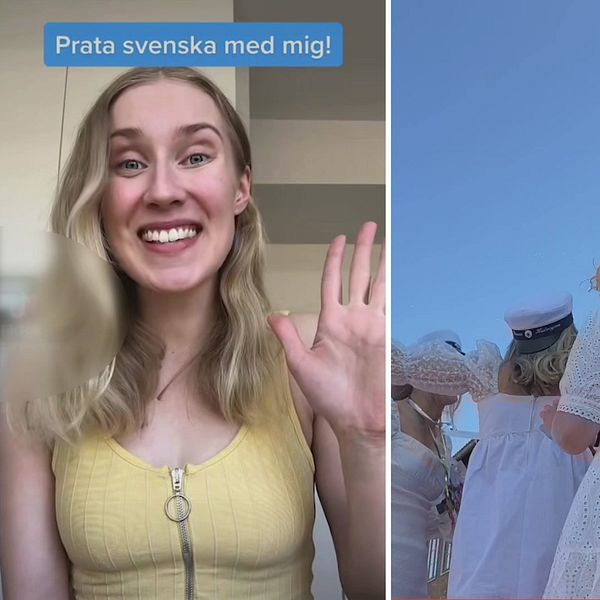 Språkinfluencer Petra Pääkkönen och firande studenter.