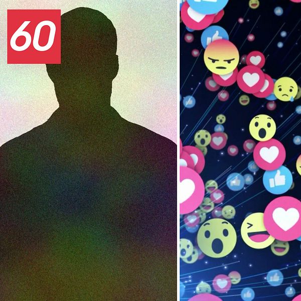 två silhuetter av män, och en bild på emoji-reaktioner av olika slag i sociala medier