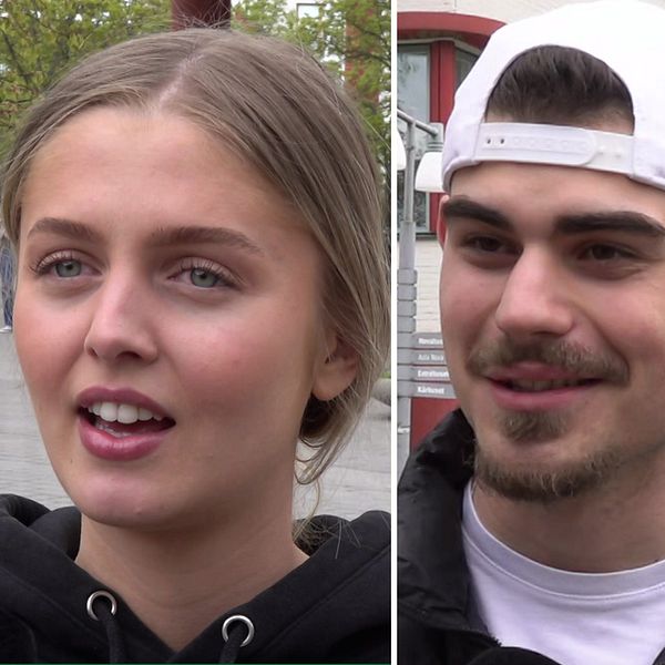 Tredelad bild. Tre unga personer intervjuas utomhus i olika miljöer.
