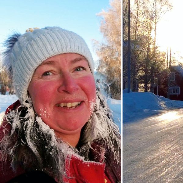 En kvinna med frost i håret och röda kinder som ser glad ut. Även en bild på en vintrig väg där man ser en kvinna på spark längre bort.