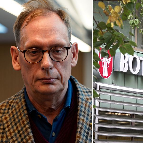 Botkyrka kommunhus skylt och trädgrenar utanför byggnaden.