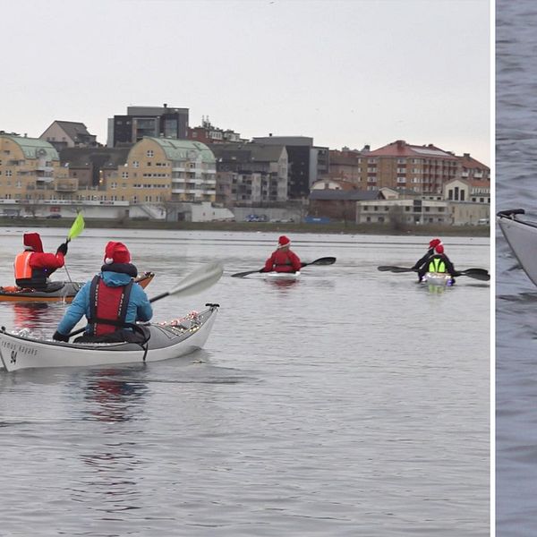 En delad bild som visar en kajakevenemang. Den vänstra sektionen visar flera paddlare i kajaker som rör sig på en stilla sjö, med stadslandskap i bakgrunden. Den högra sektionen visar två kajakpaddlare klädda i juliga dräkter, paddlande i en liten båt dekorerad med julprydnader.