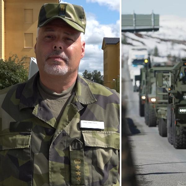 Porträtt på Jonas Karlsson i militärkläder och hatt och till höger en bild på militärfordon som åker på en väg.