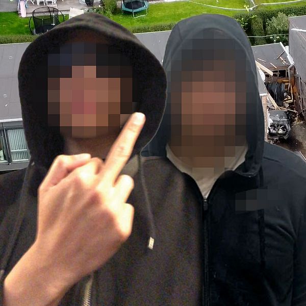 Två män misstänks för tre spräningnar i Linköping, Stockholm och Uppsala. Här är de pexlade framför huset i Fullerö som sprängdes.