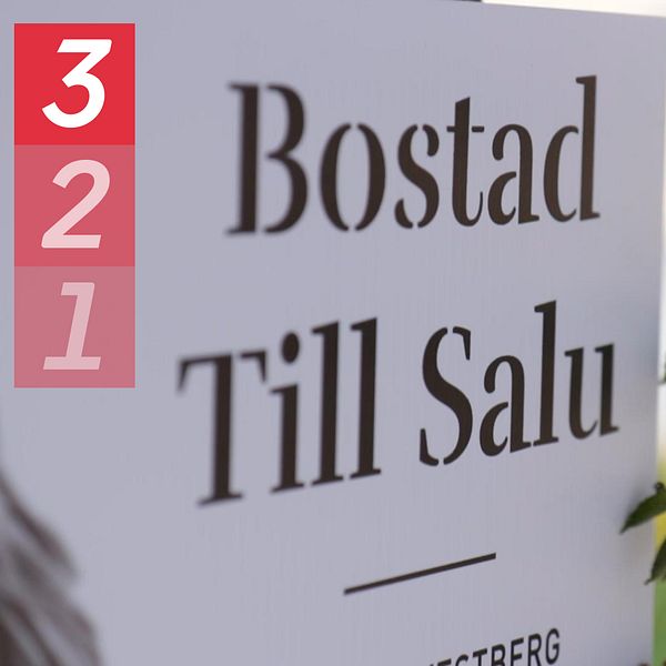 Säljskylt för bostad. På sidan syns en gren med gröna bland