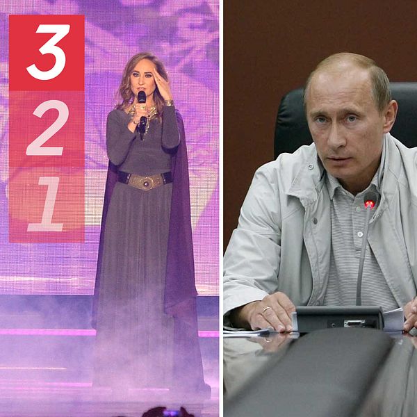 Armeniens framträdande i Eurovision, Vladimir Putin och en man på en strand i Krim hållandes en rysk flagga