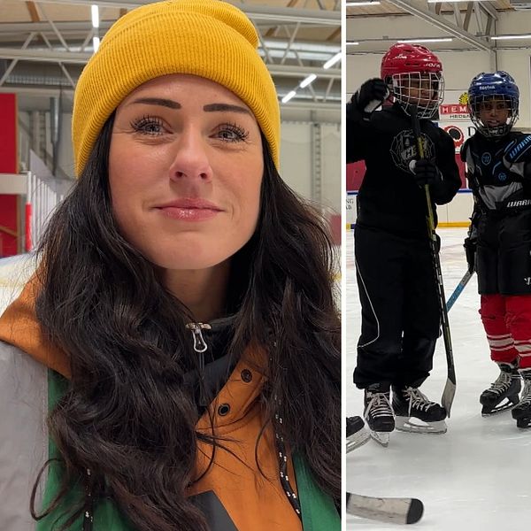 hockeyspelare, små barn, och en kmörkhårig kvinna i gul mössa i en ishall.