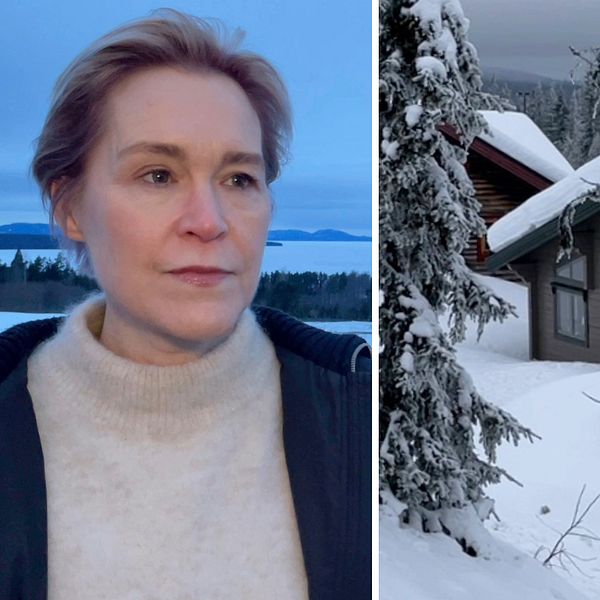 Delad bild – till vänster en bild på en kvinna i beige tröja och kort blont hår, till höger en bild på en stuga med snö på taket.