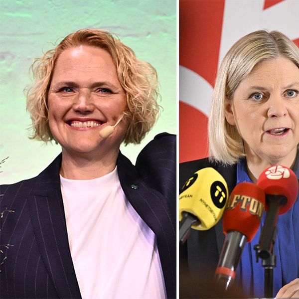 Tredelad bild. Till vänster Anna-Karin Hatt (C), i mitten Magdalena Andersson (S) och till höger Fredrik Malm (L).
