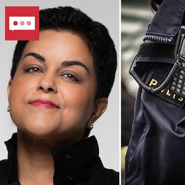 Kvinna och infälld bild på anonym polis.