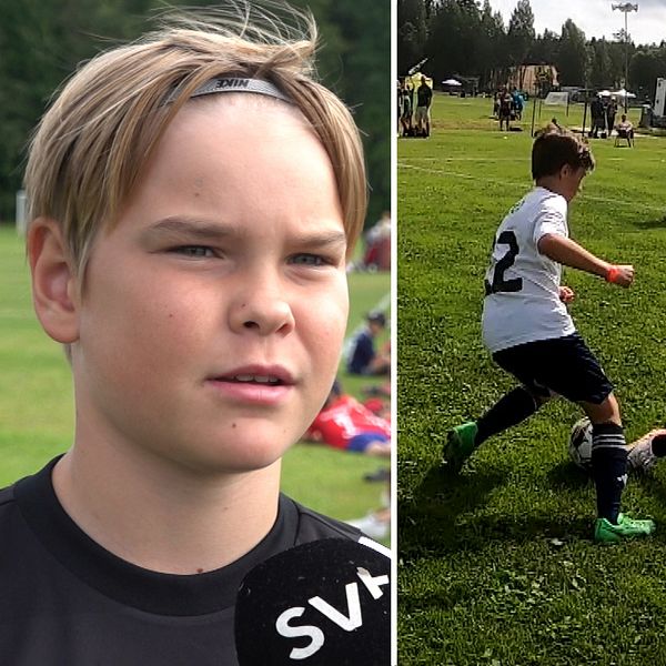 En spelare i vit tröja dribblar förbi en spelare i grön tröja