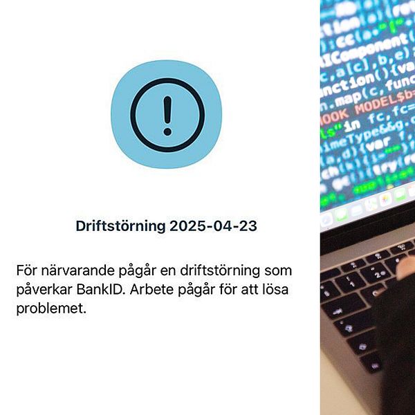 Delad bild. Vänster: driftstörningsmeddelande. Höger: person vid laptop med kod på skärmen.