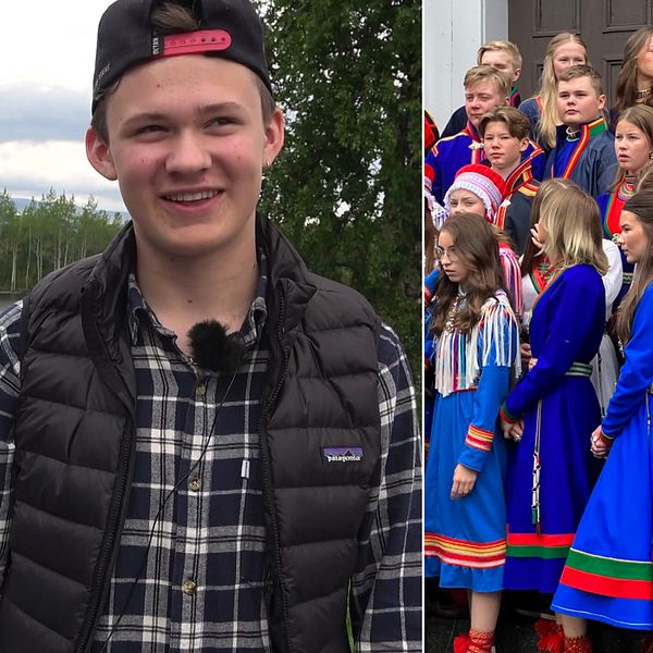 Konfirmanden Daniel Sparrok, tlil höger konfirmandgruppen framför kyrkan i Stensele