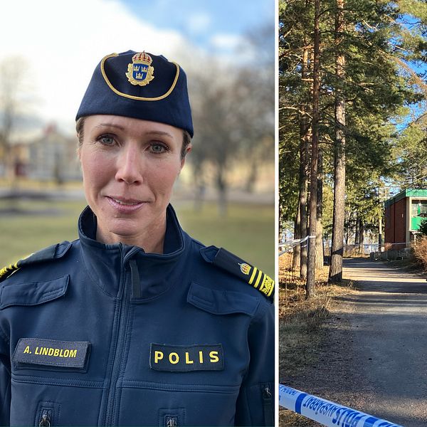 Delad bild. Till vänster: polis i uniform. Till höger avpärrat område runt ett bostadshus med en skåpbil där två personer plockar ut saker från en sidolucka.
