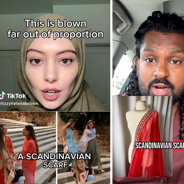 Tre screenshots från tre olika TikTok-kreatörer som är arga över ”the scandinavian scarf”-trenden.