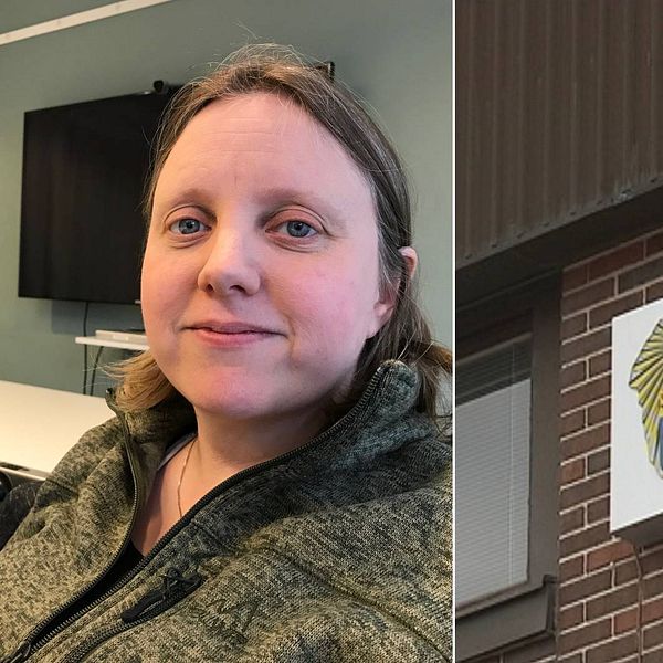 En delad bild som visar två sektioner: till vänster, en person i en kontorsmiljö med en grå tröja och en tv-skärm i bakgrunden; till höger, en närbild av en skylt med texten ”FORTIFIKATIONSVERKET” och en heraldiskt emblem, fäst på en tegelvägg.