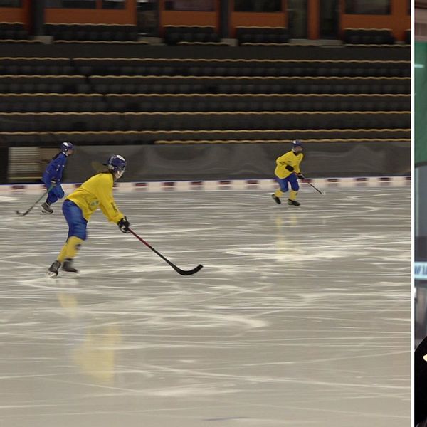 Tudelad bild. Till vänster: bandyspelare på is. Till höger: Agnes Ögren intervjuas av SVT.