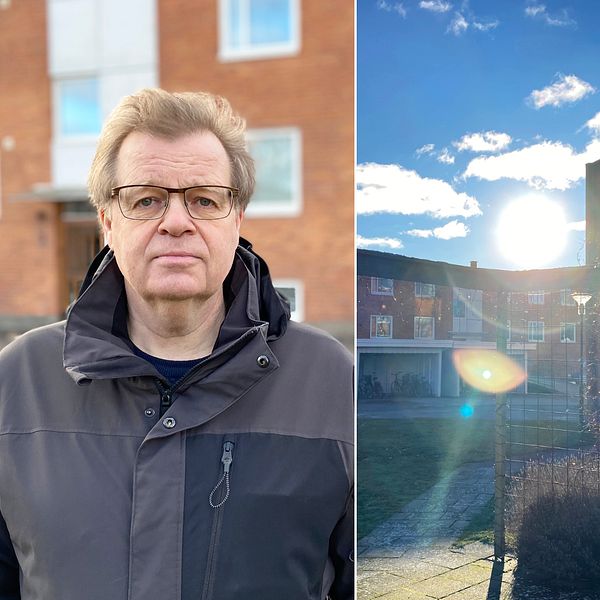 Tredelad bild på dels Socialdemokraternas gruppledare Per-Ola Mattsson framför ett hyreshus i rött tegel, dels en solbelyst innergård mellan hyreshus och dels på Karlshamnsbostäders ordförande, moderaten Magnus Olsson.