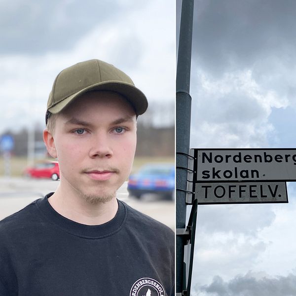 Tredelad bild på dels två elever och Nordenbergsskolans skylt.