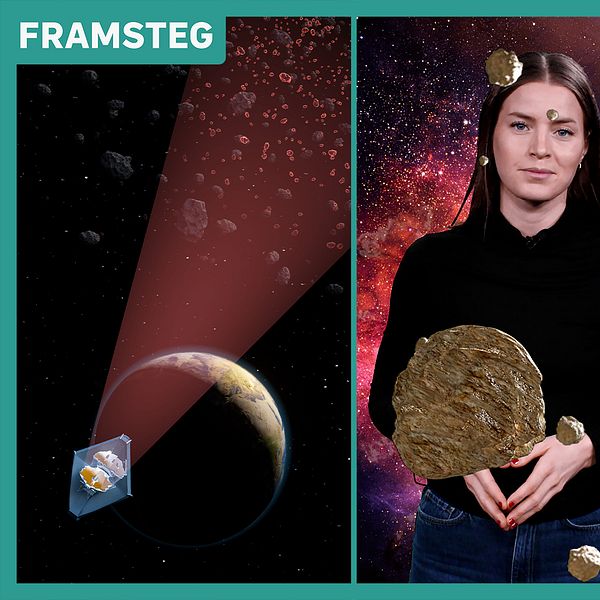 En delad bild som visar tre sektioner: Den vänstra delen visar en planet i rymden med en liten satellit och en asteroid i närheten. Den mellersta sektionen föreställer en person som håller en stor asteroid, med en stjärnbakgrund. Den högra delen visar den kommande rymdteleskopet James Webb som observerar en galax i rymden, med solstrålar som syns i bakgrunden.