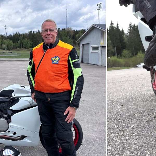 Björn Uddenberg instruerar MC-förare vid säkerhetsträning utanför Uddevalla