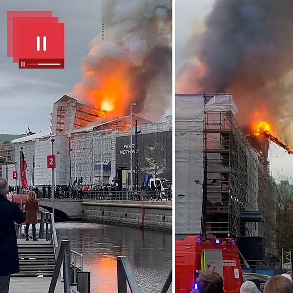 Tre bilder av branden i Börshuset