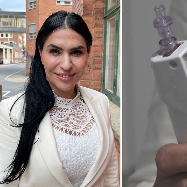 Kvinna till vänster i bilden, medicinskt redskap till höger