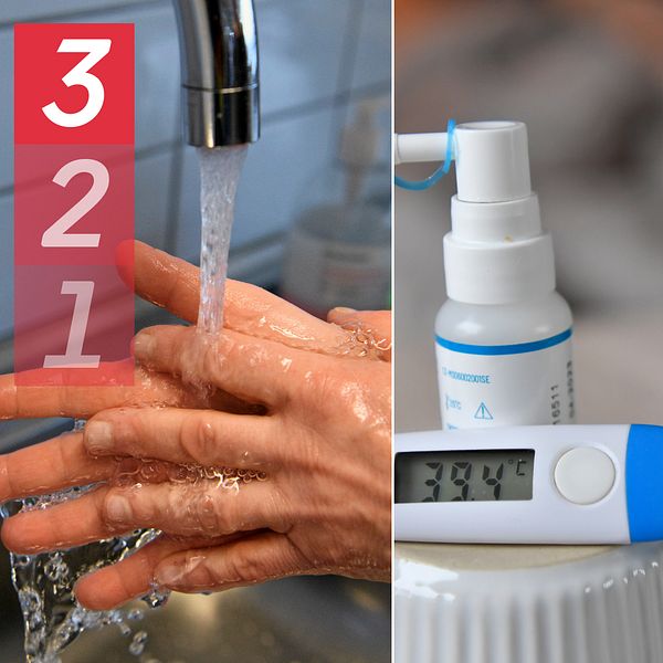Tredelad bild på handtvätt, febertermometer och vaccinspruta.