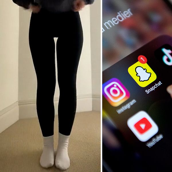 Bild på lår till vänster, sociala medier-appar i en mobil i mitten och en tjej till höger som syns från knäna upp.