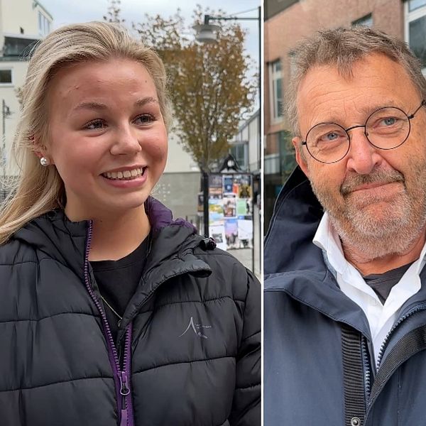 Tredelad bild. Tre personer står utomhus på olika platser i en stadsmiljö.