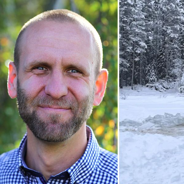 Till höger i bild syns Karl Olsson, produktionschef SCA, han står utomhus i sommarväder. Till höger syns en bild från olyckan utanför Solberg i Örnsköldsvik, där ser man en maskin som ligger i vattnet.
