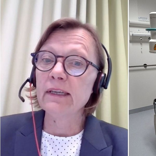 En bild på Kaarina Sundelin, hälso- och sjukvårdsproduktionsdirektör i Västra Götalandsregionen och en bild på en sjukhussäng.