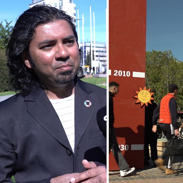 Splitbild med miljöforskaren Avit Bhowmik till vänster och de fyra pelarna på stora torget till höger
