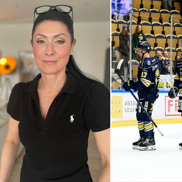Delad bild. Till vänster: Alexandra Engvall som är mental coach i svart tröja. Till höger: ishockeyspelare vid målbur.