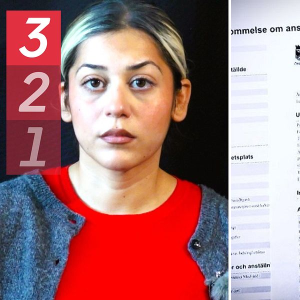 Bildens vänstra sida visar SVT:s reporter i en grå jacka med röd tröja. På höger sida finns ett dokument.
