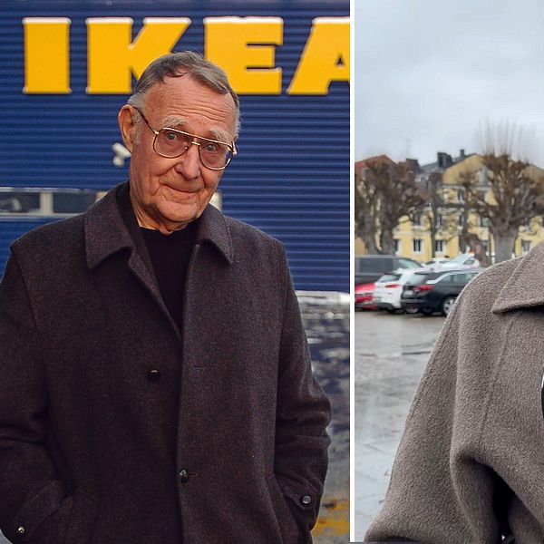 bild på Ingvar kamprad och en kvinna framför en bänk som intervjuas