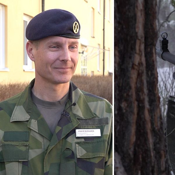 splitbild med militär till vänster och skjutande kulspruta till höger