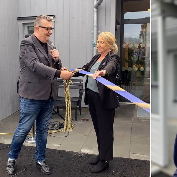 Krister Mc Carthy (S) Socialnämndens ordförande klipper band. Claes HJ Lindberg, rehabiliteringskonsulent.