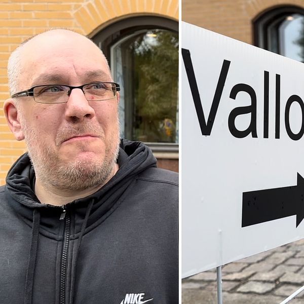 Tresplitbild. Till höger och vänster i bild: valdeltagare i folkomröstningen kring vindkraft i Söderhamn.  I mitten: Vallokalsskyllt